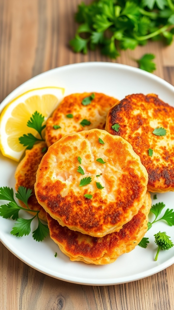 Crispy Air Fryer Salmon Patties Recipe Crispy salmon patties on a plate, garnished with parsley and lemon wedges.